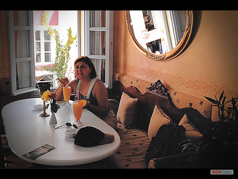 Santorini Deb in Cafe