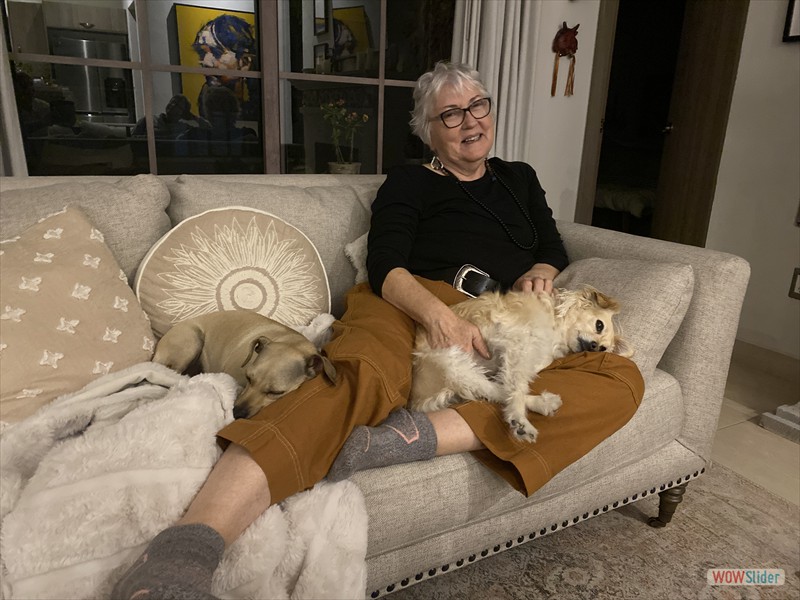 Deb at home with Karma and Lucy